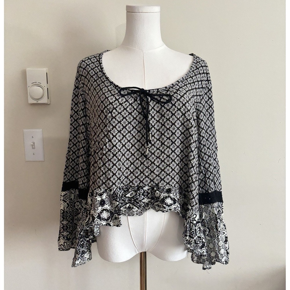 Mudd Retro Boho Hippie Flare Sleeve Top Womens XL Brown Crochet Lace Festival
